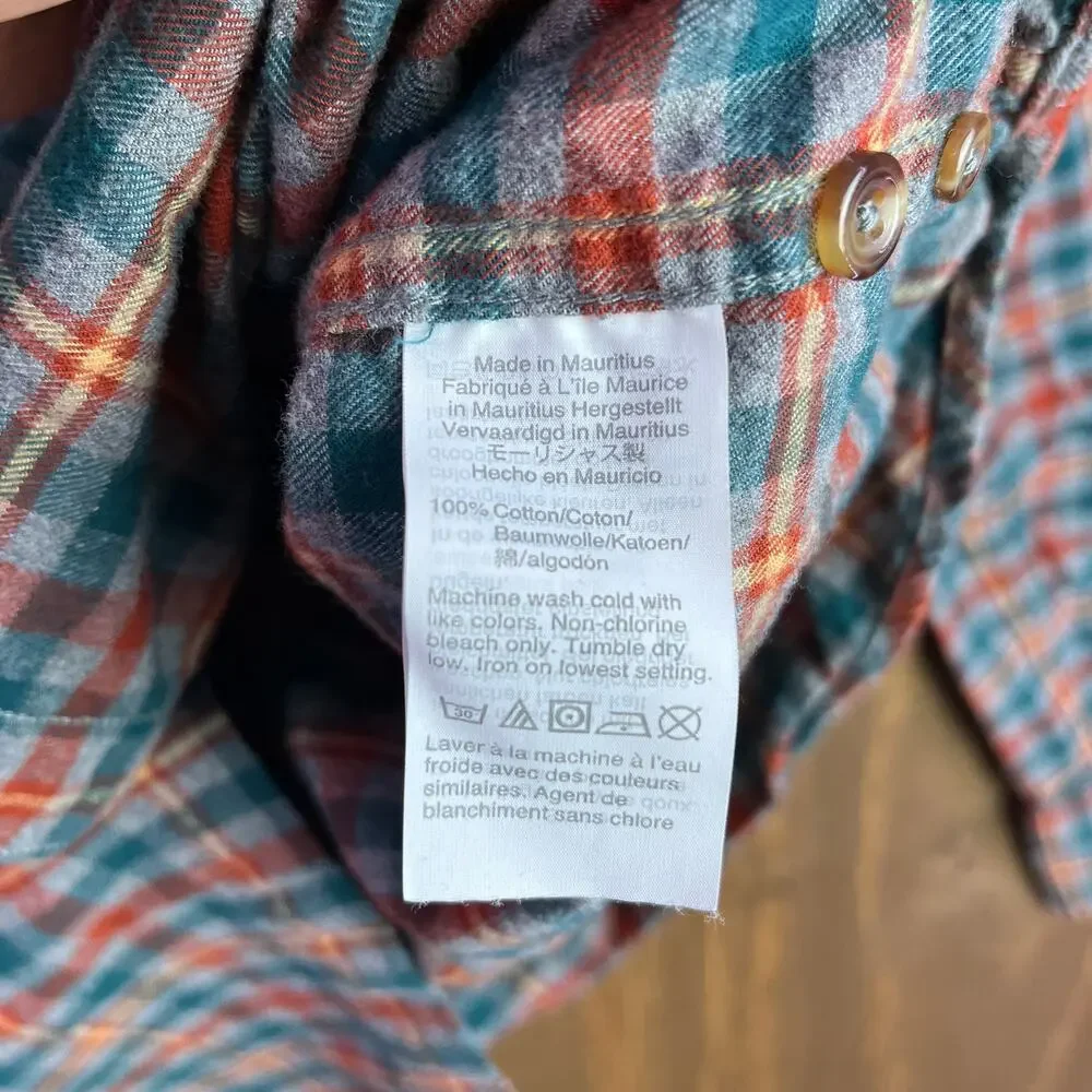 J Crew Mens Flannel Shirt Multicolor Green Gray Orange Plaid Slim Button Down L